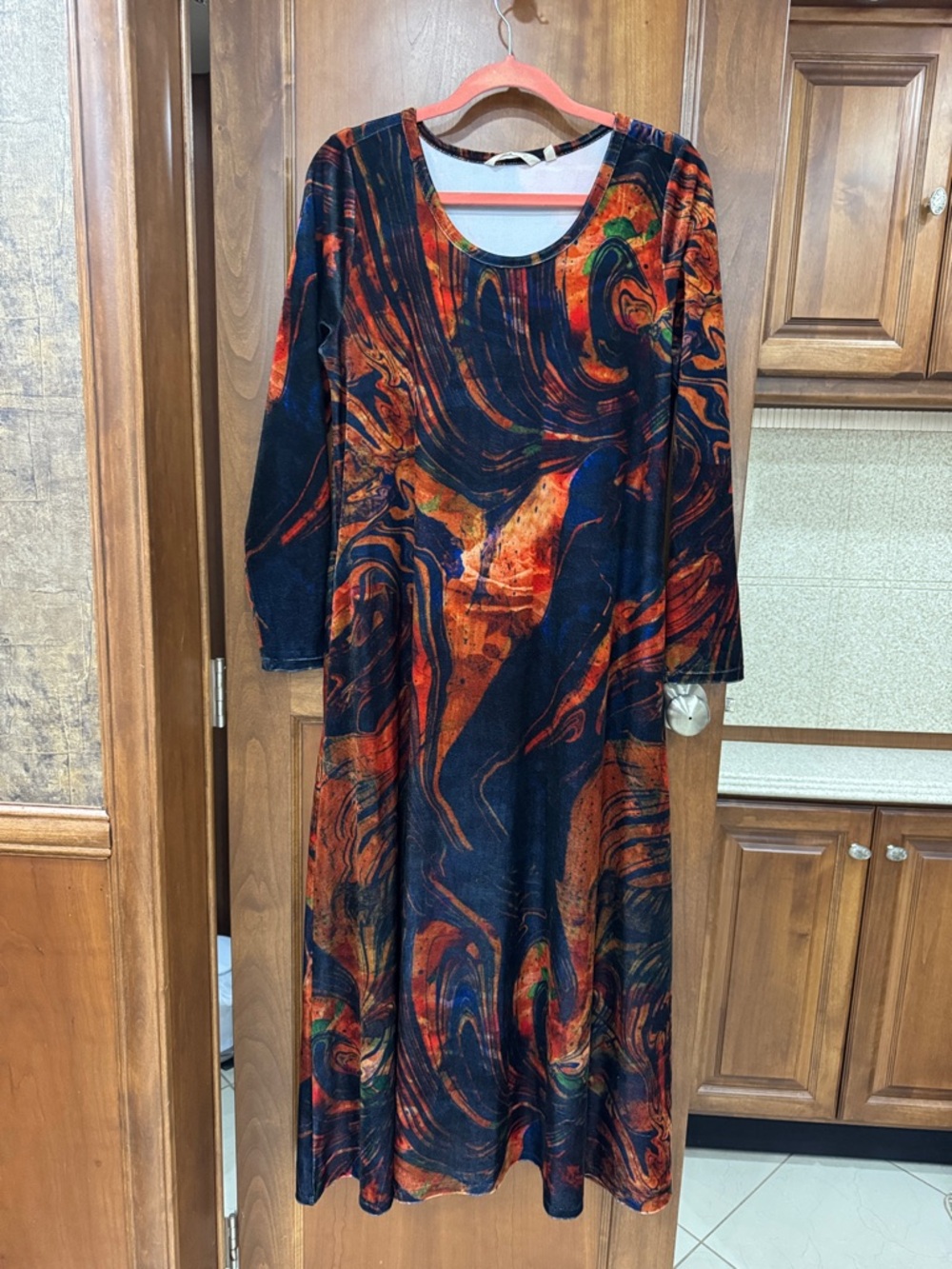Soft Surroundings Black & Orange Abstract Swirl Long Sleeve Maxi Dress